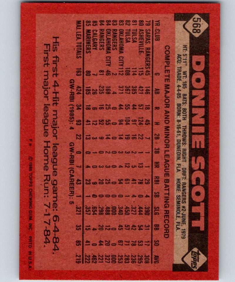 1986 Topps #568 Donnie Scott Mariners MLB Baseball Image 2