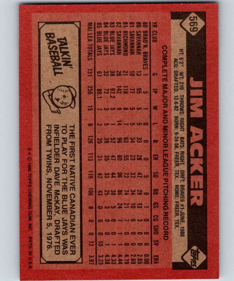 1986 Topps #569 Jim Acker Blue Jays MLB Baseball Image 2