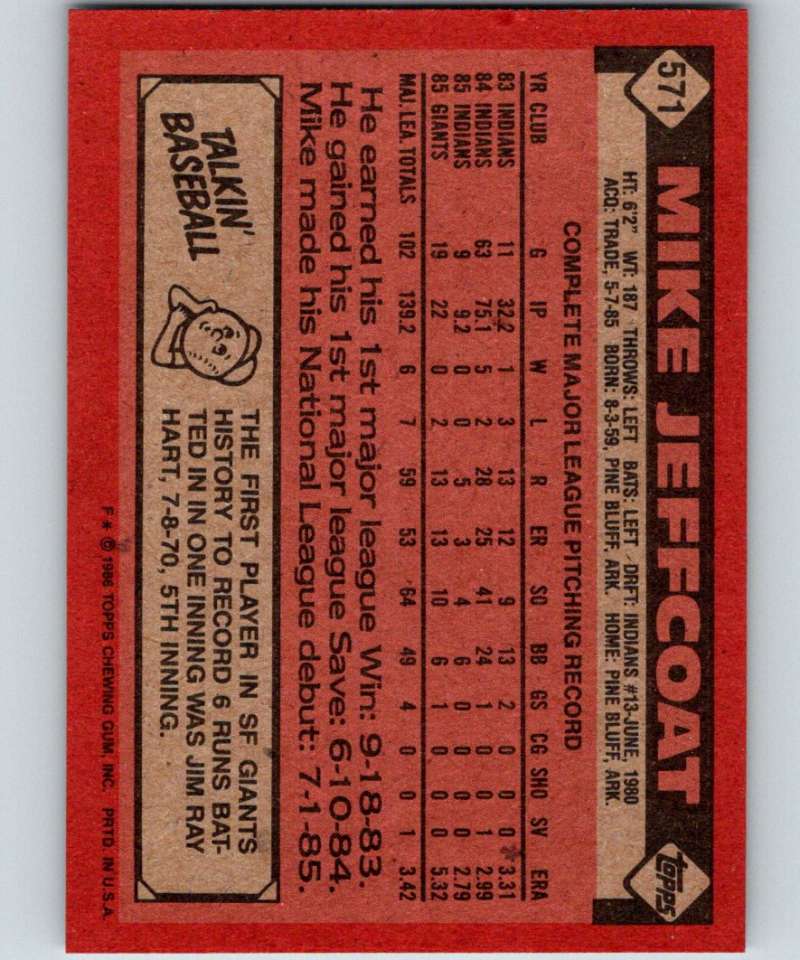 1986 Topps #571 Mike Jeffcoat Giants MLB Baseball Image 2