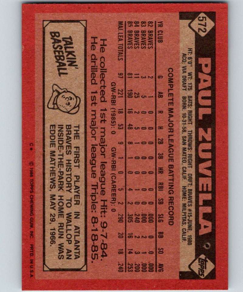 1986 Topps #572 Paul Zuvella Braves MLB Baseball Image 2