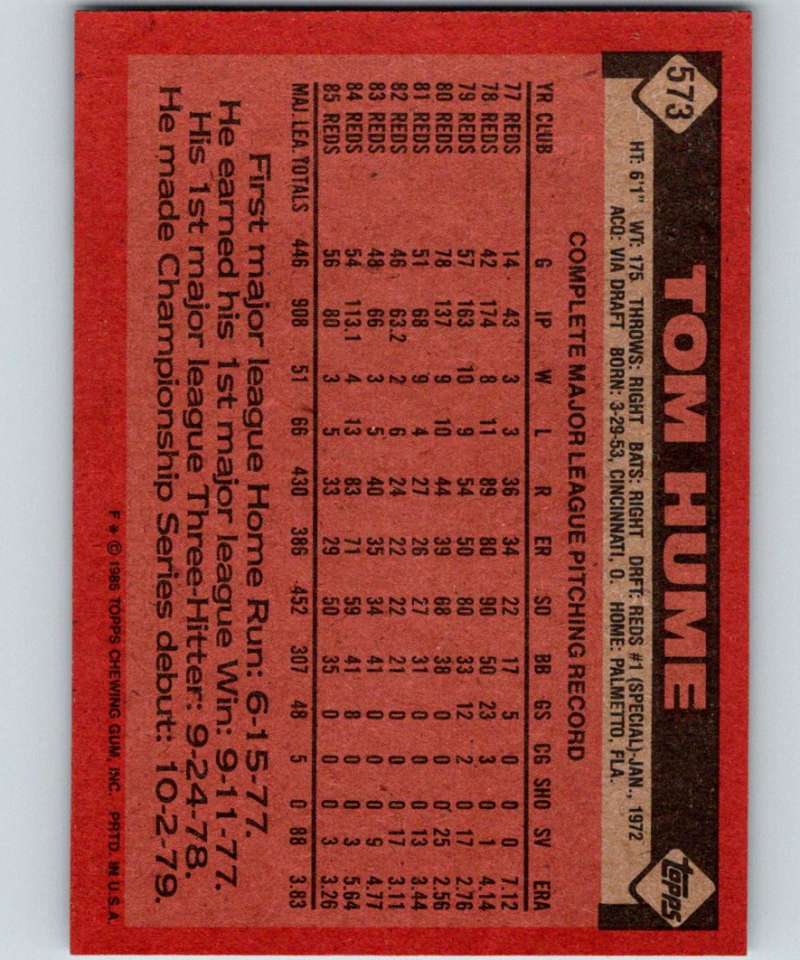 1986 Topps #573 Tom Hume Reds MLB Baseball Image 2