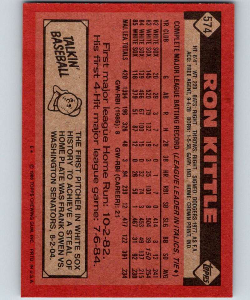 1986 Topps #574 Ron Kittle White Sox MLB Baseball Image 2