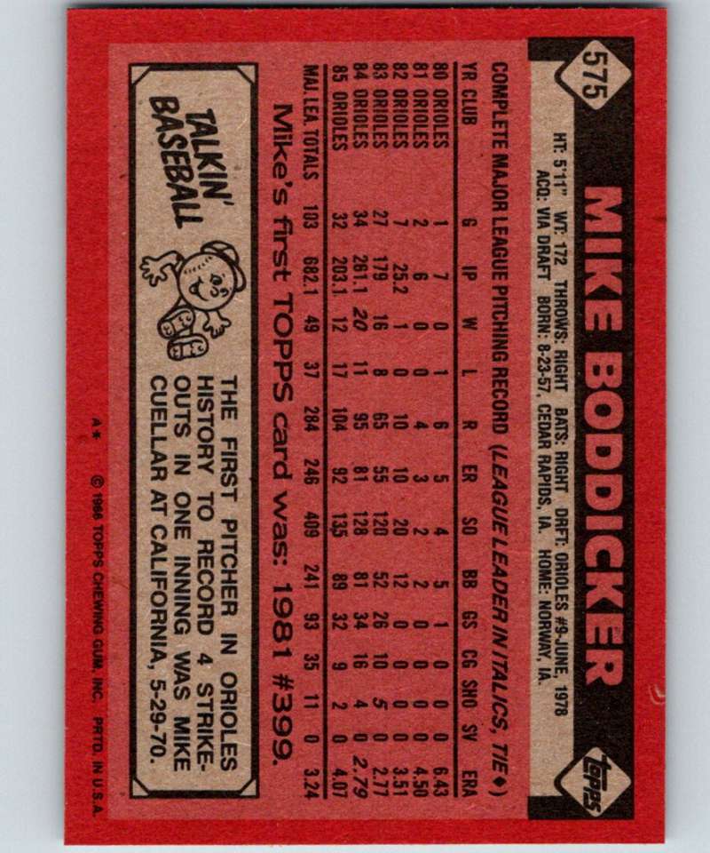 1986 Topps #575 Mike Boddicker Orioles MLB Baseball Image 2