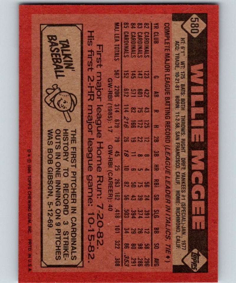 1986 Topps #580 Willie McGee Cardinals MLB Baseball Image 2