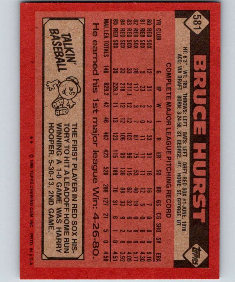 1986 Topps #581 Bruce Hurst Red Sox MLB Baseball