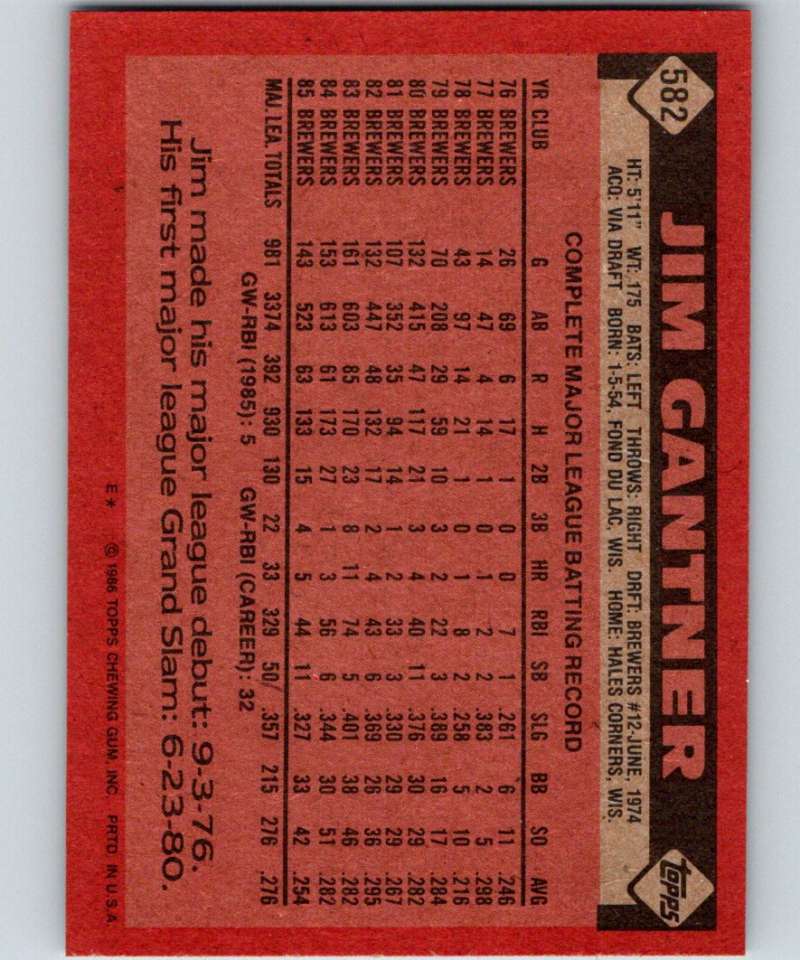 1986 Topps #582 Jim Gantner Brewers MLB Baseball Image 2