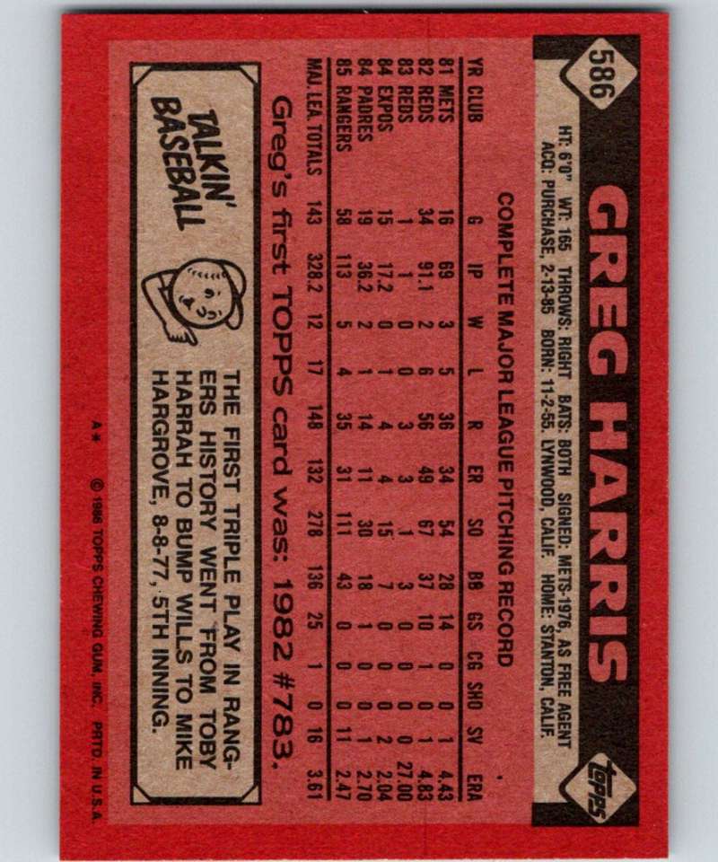 1986 Topps #586 Greg Harris Rangers MLB Baseball Image 2