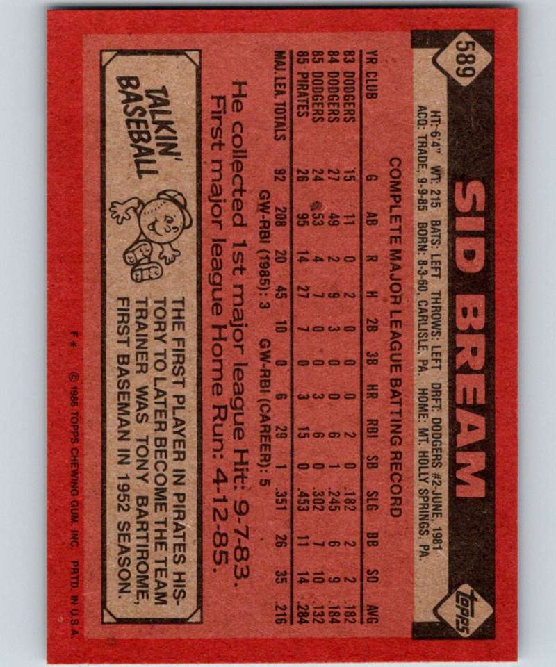 1986 Topps #589 Sid Bream Pirates MLB Baseball Image 2