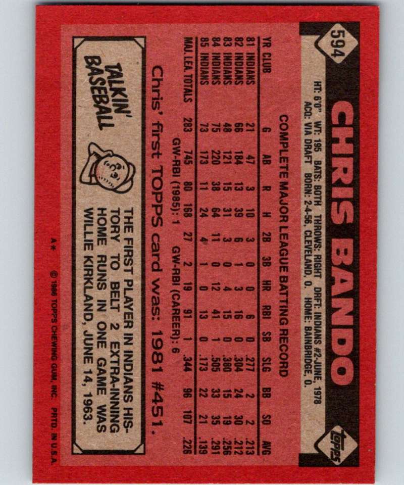 1986 Topps #594 Chris Bando Indians MLB Baseball Image 2