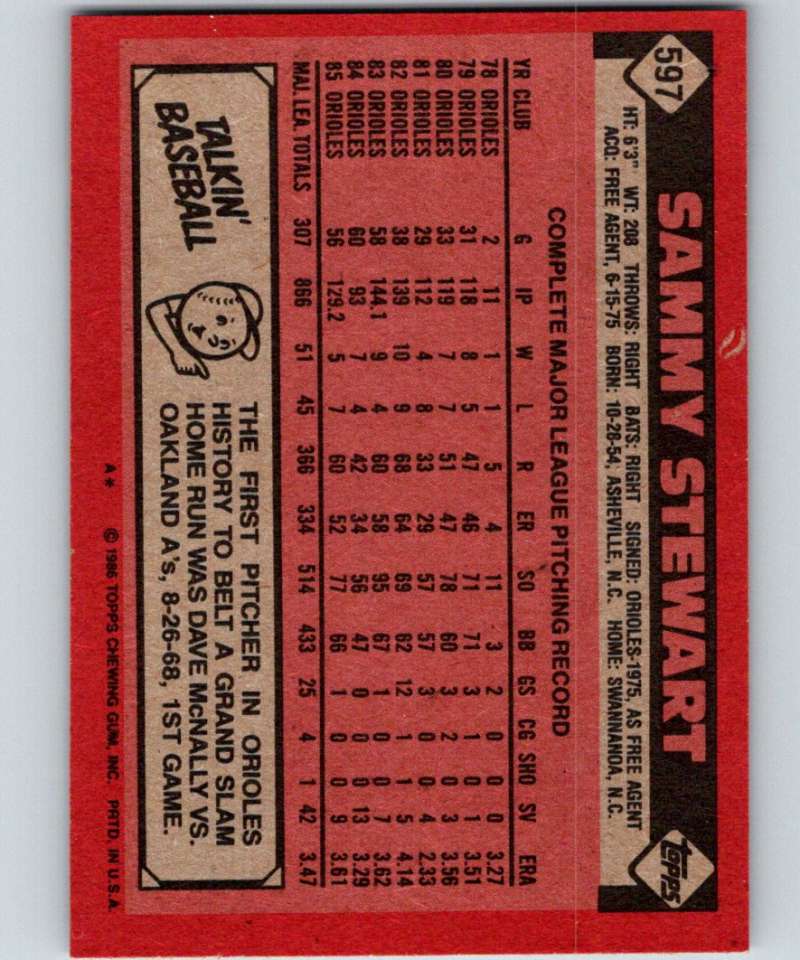 1986 Topps #597 Sammy Stewart Orioles MLB Baseball Image 2