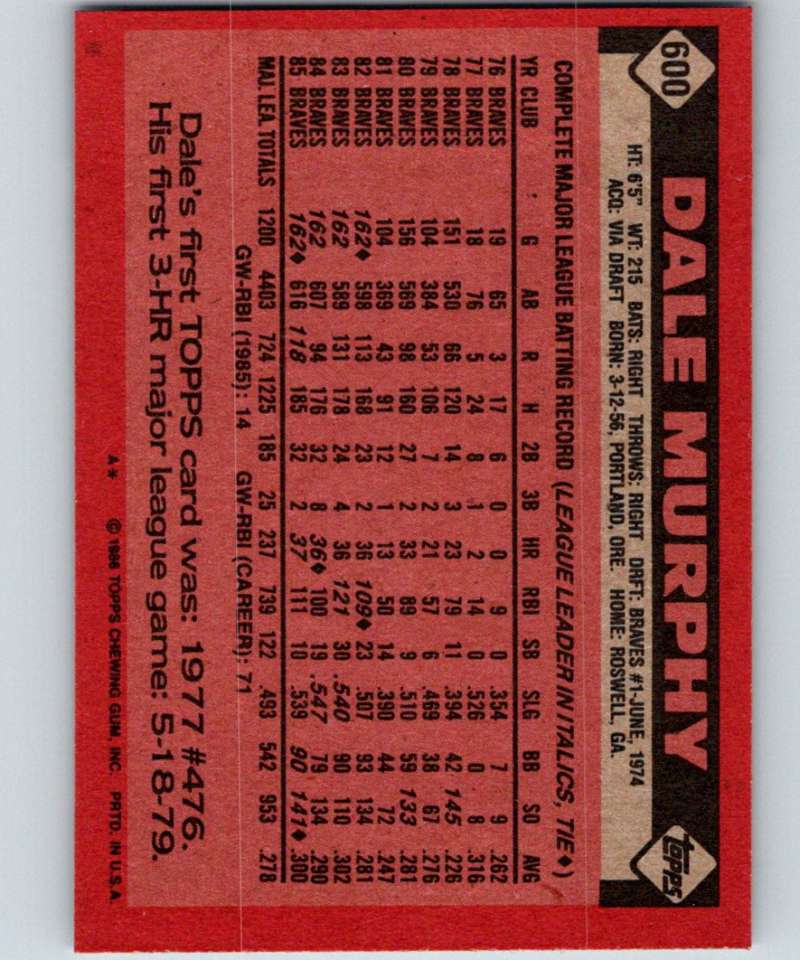 1986 Topps #600 Dale Murphy Braves MLB Baseball Image 2