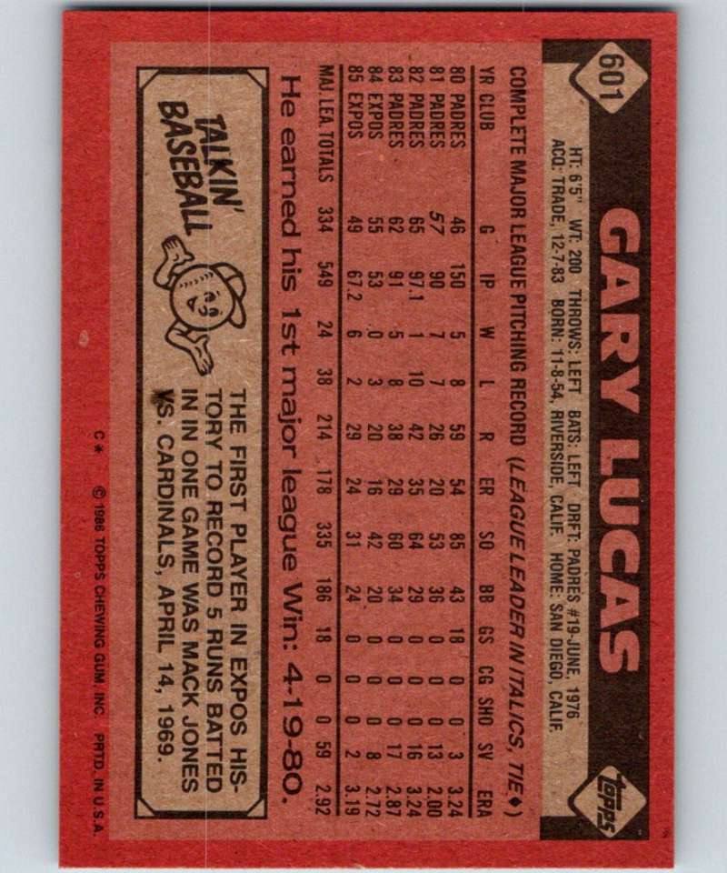 1986 Topps #601 Gary Lucas Expos MLB Baseball Image 2