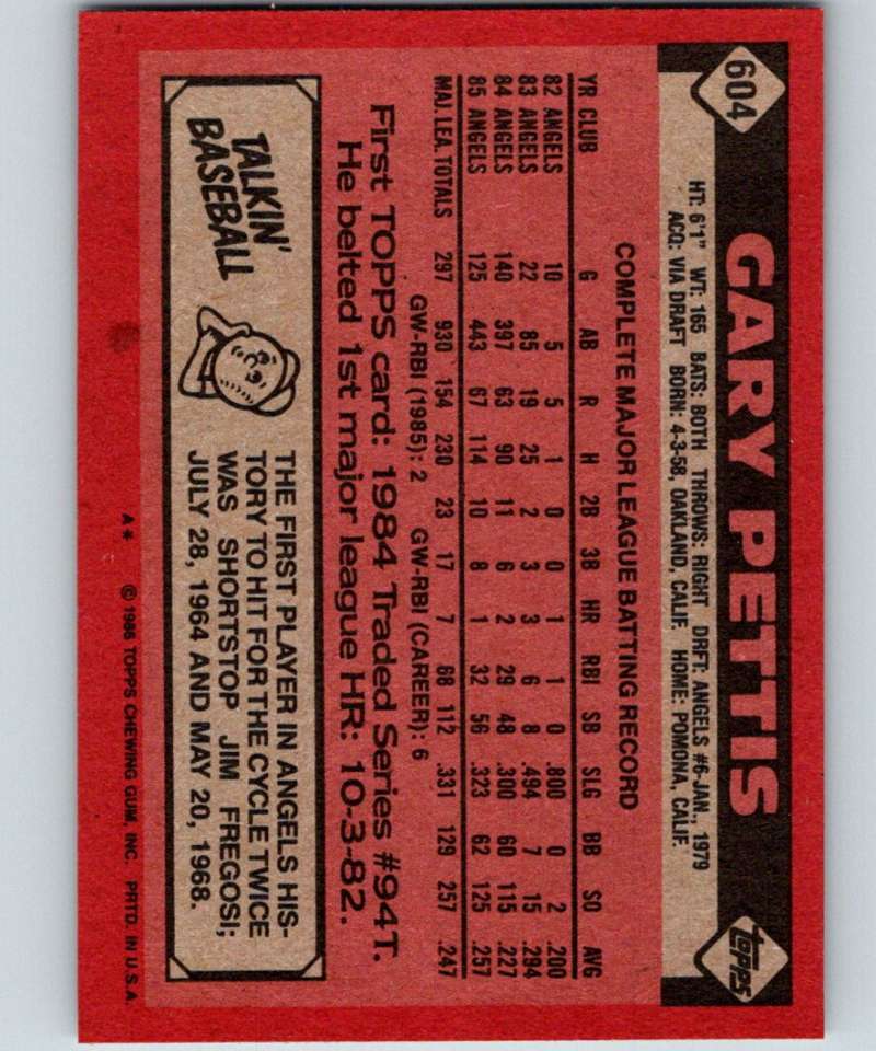 1986 Topps #604 Gary Pettis Angels MLB Baseball Image 2