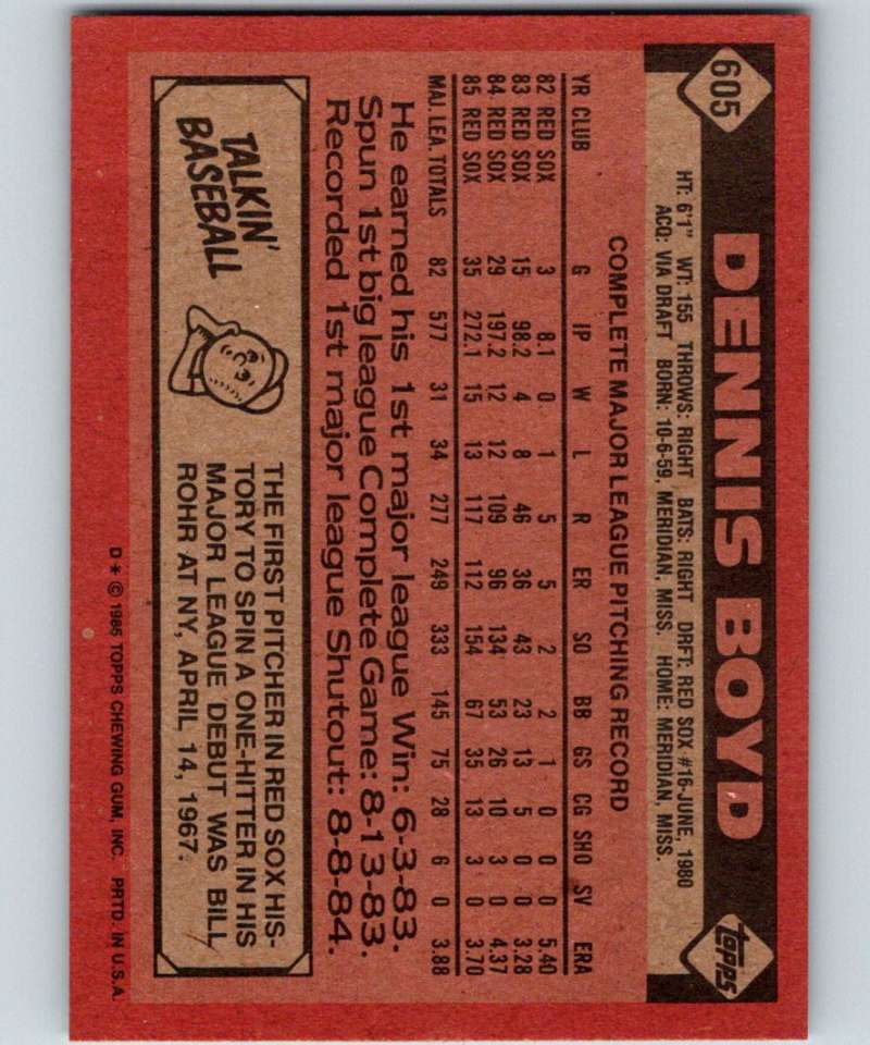 1986 Topps #605 Oil Can Boyd Red Sox MLB Baseball Image 2