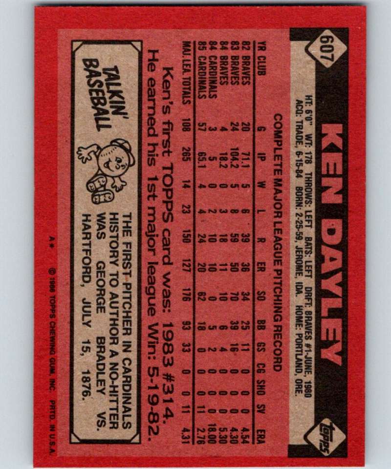 1986 Topps #607 Ken Dayley Cardinals MLB Baseball Image 2