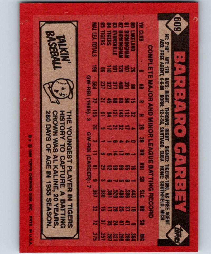 1986 Topps #609 Barbaro Garbey Tigers MLB Baseball Image 2