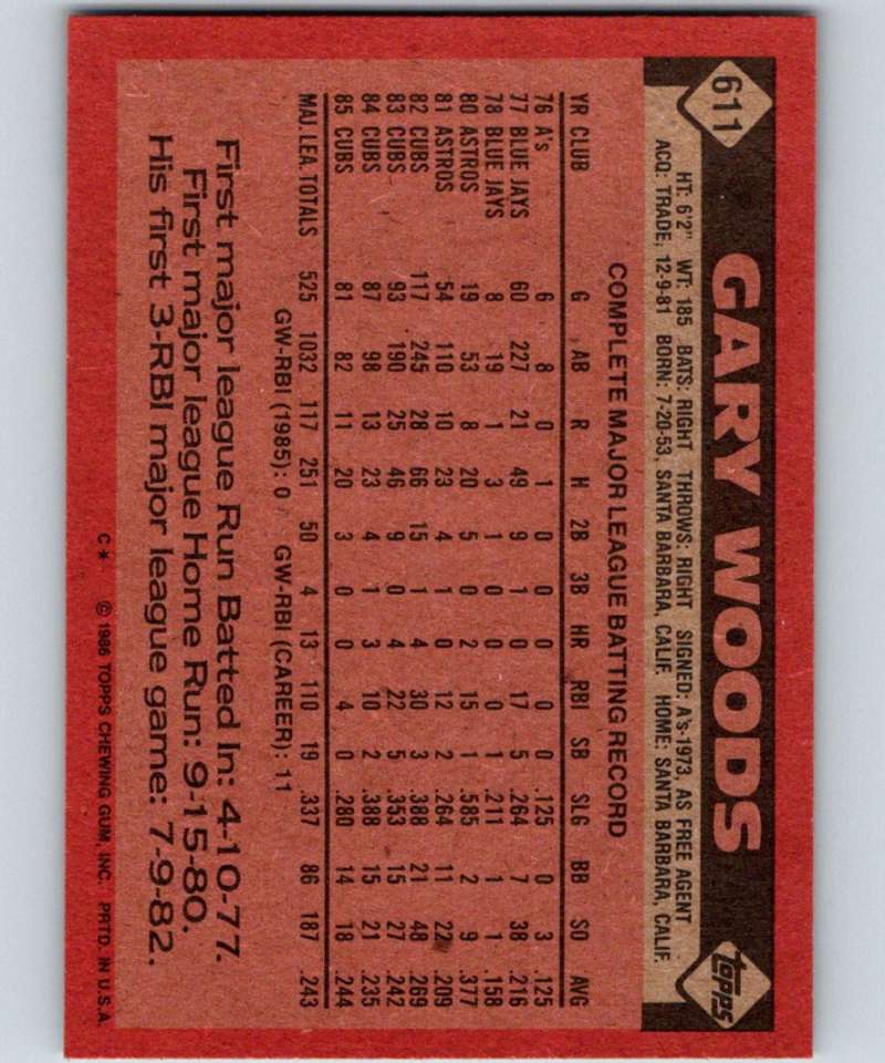 1986 Topps #611 Gary Woods Cubs MLB Baseball – Hockey Card World Inc