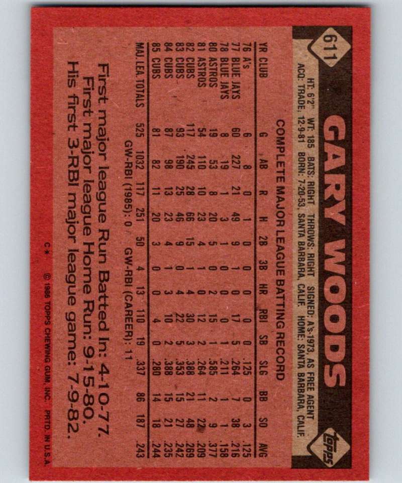 1986 Topps #611 Gary Woods Cubs MLB Baseball Image 2