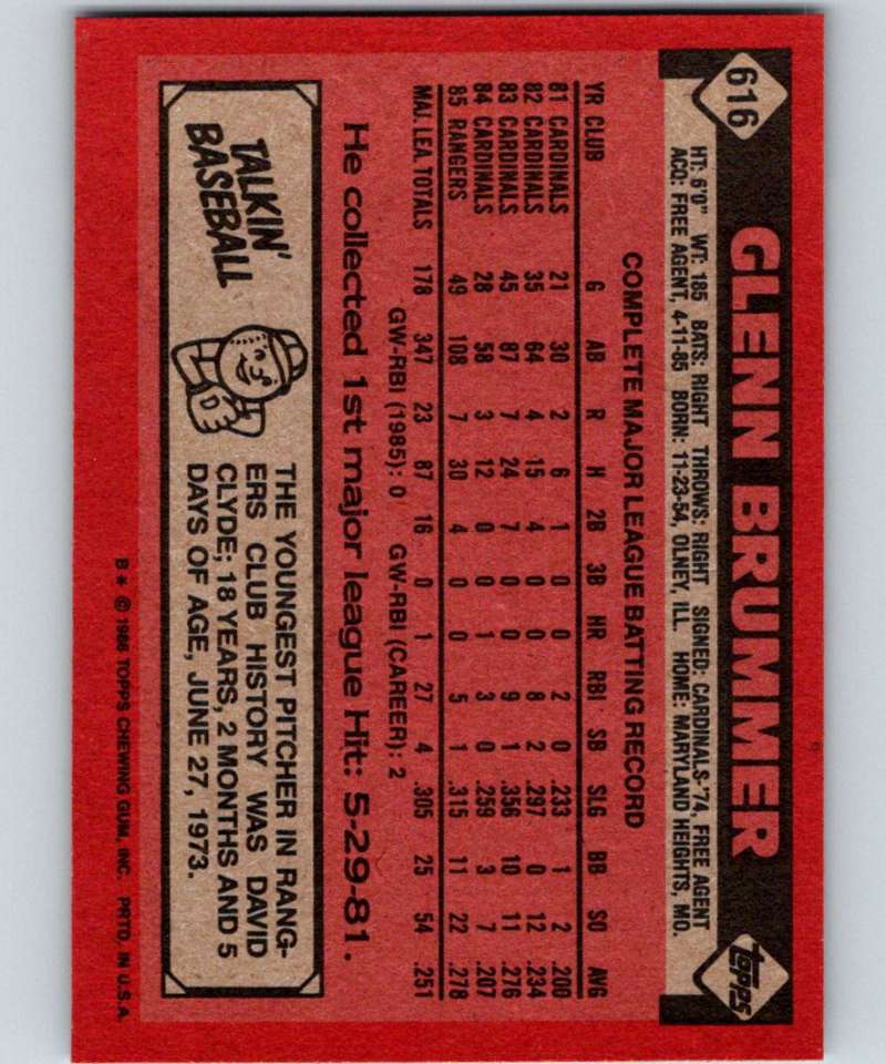 1986 Topps #616 Glenn Brummer Rangers MLB Baseball Image 2