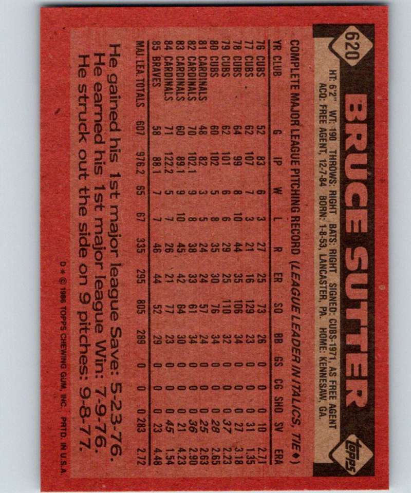 1986 Topps #620 Bruce Sutter Braves MLB Baseball