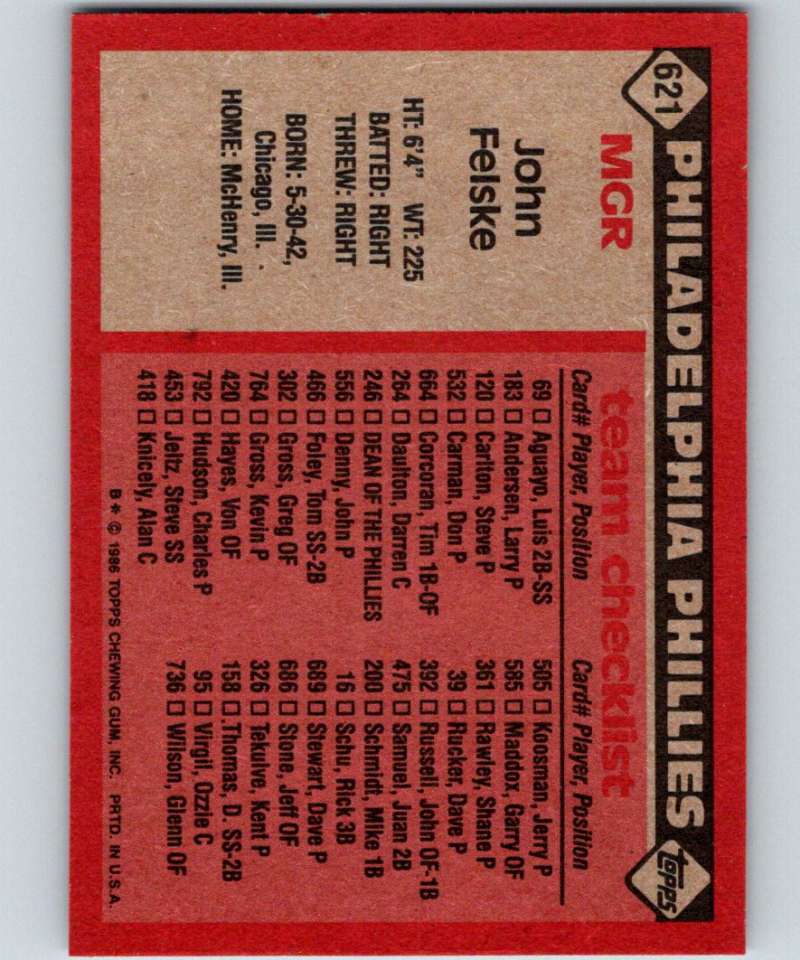 1986 Topps #621 John Felske Phillies MG MLB Baseball Image 2