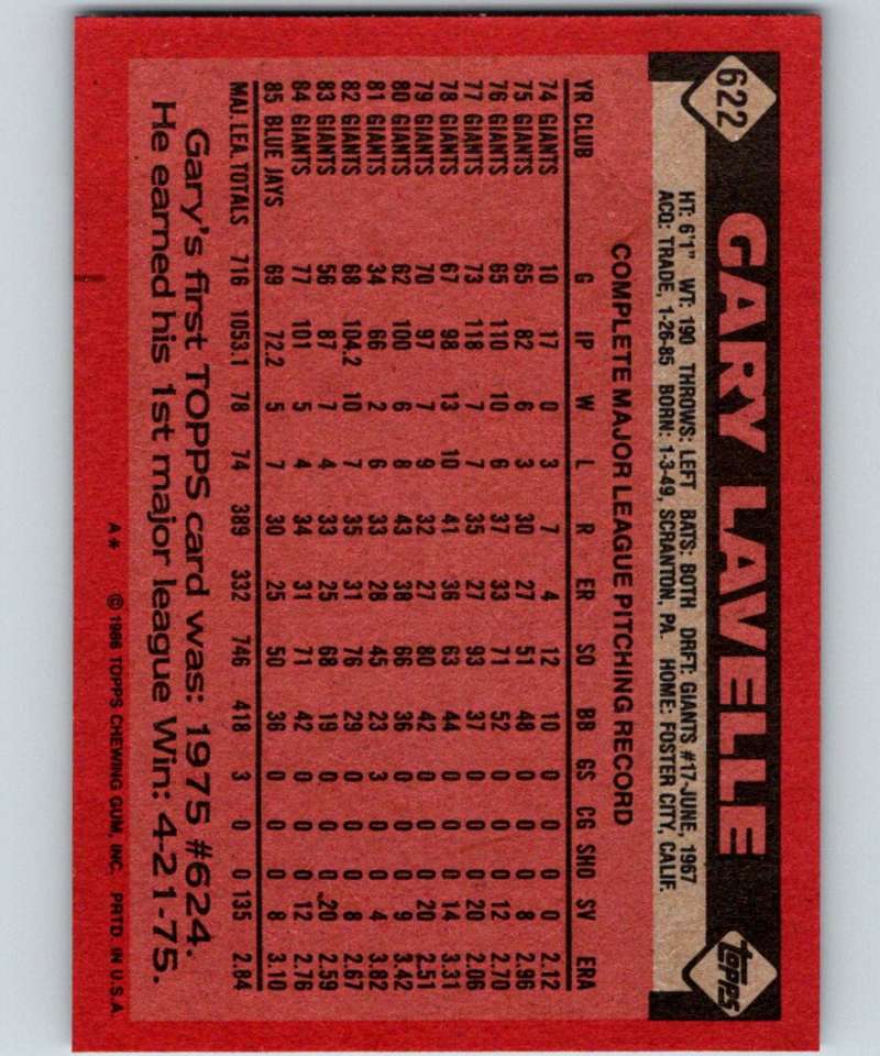 1986 Topps #622 Gary Lavelle Blue Jays MLB Baseball Image 2