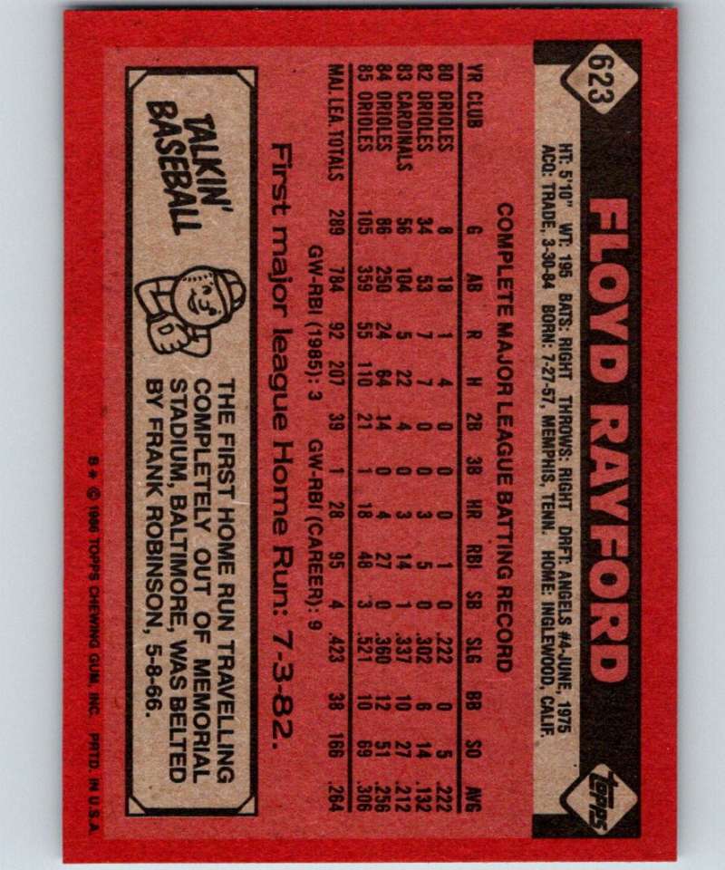 1986 Topps #623 Floyd Rayford Orioles MLB Baseball Image 2