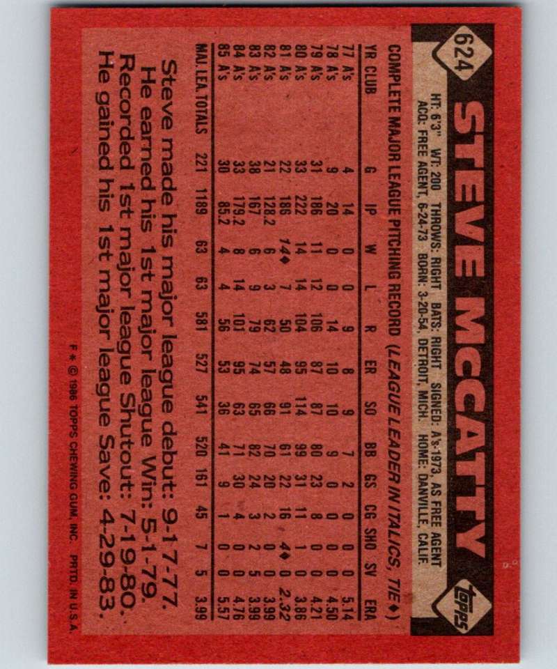 1986 Topps #624 Steve McCatty Athletics MLB Baseball Image 2
