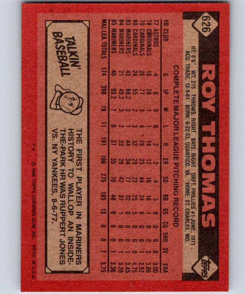 1986 Topps #626 Roy Thomas Mariners MLB Baseball Image 2