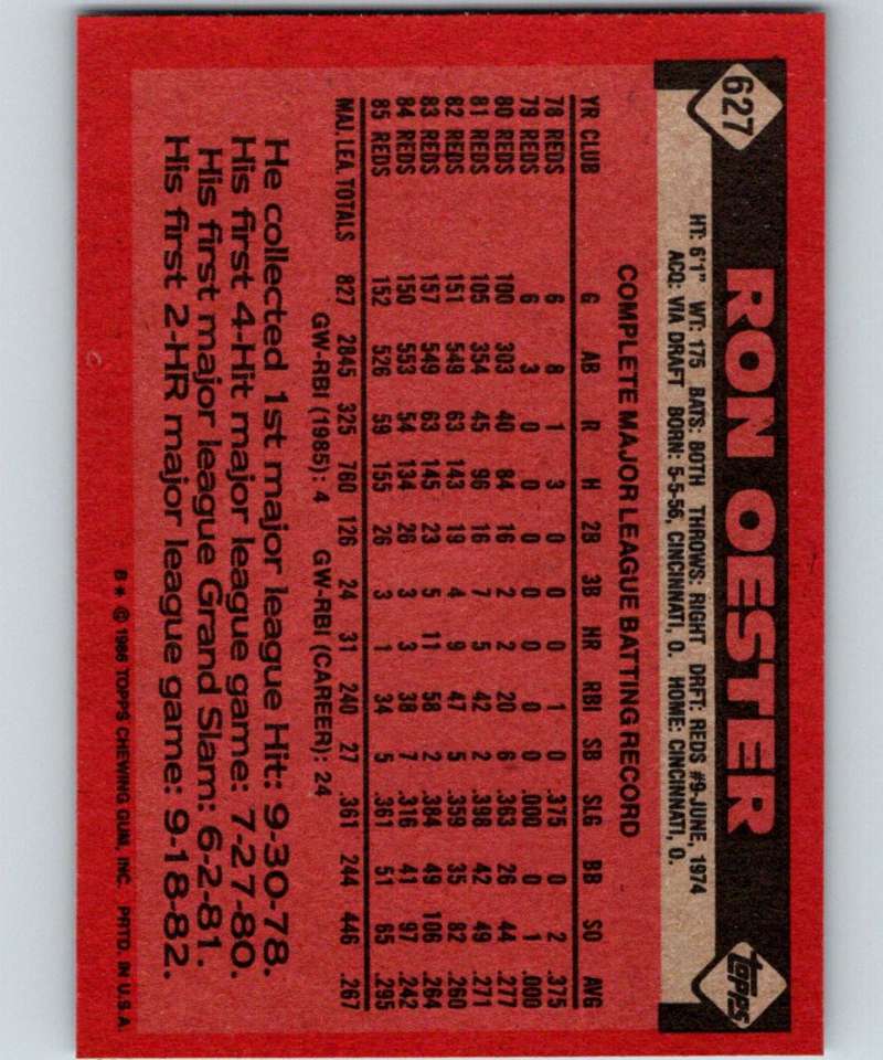 1986 Topps #627 Ron Oester Reds MLB Baseball Image 2