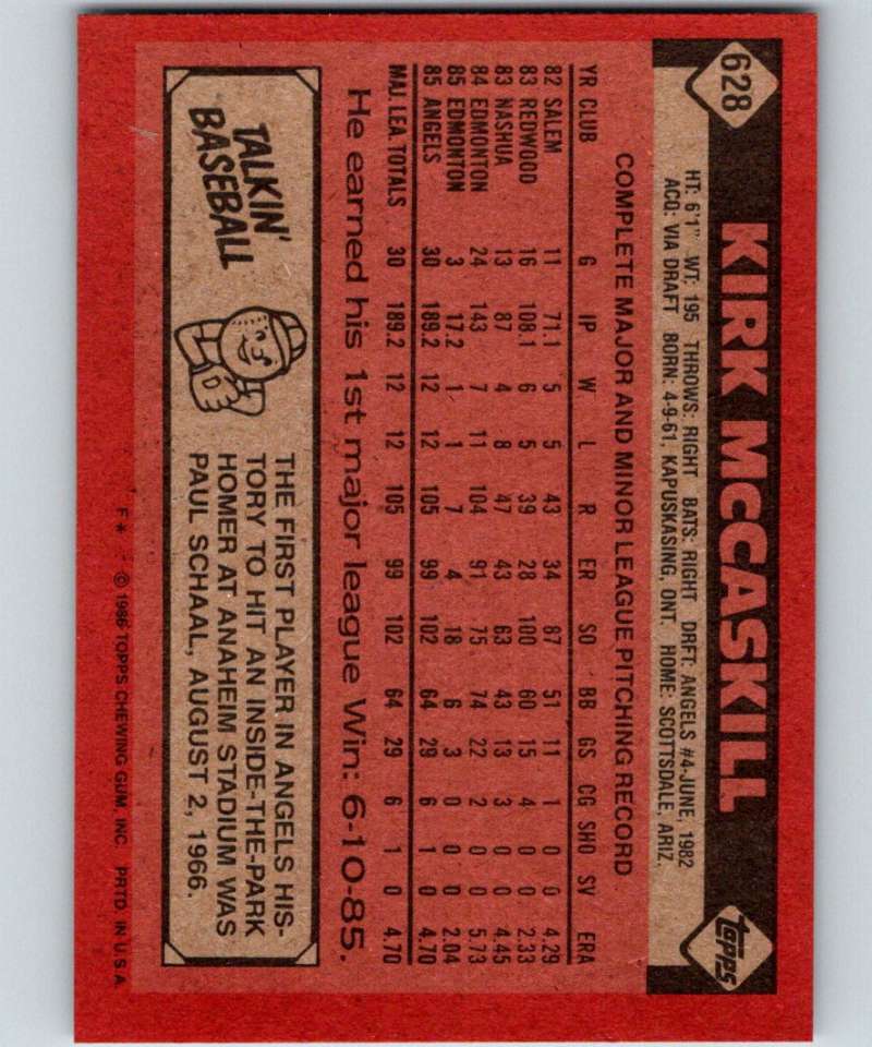 1986 Topps #628 Kirk McCaskill RC Rookie Angels MLB Baseball Image 2