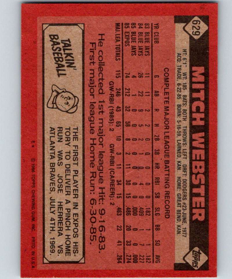 1986 Topps #629 Mitch Webster Expos MLB Baseball Image 2