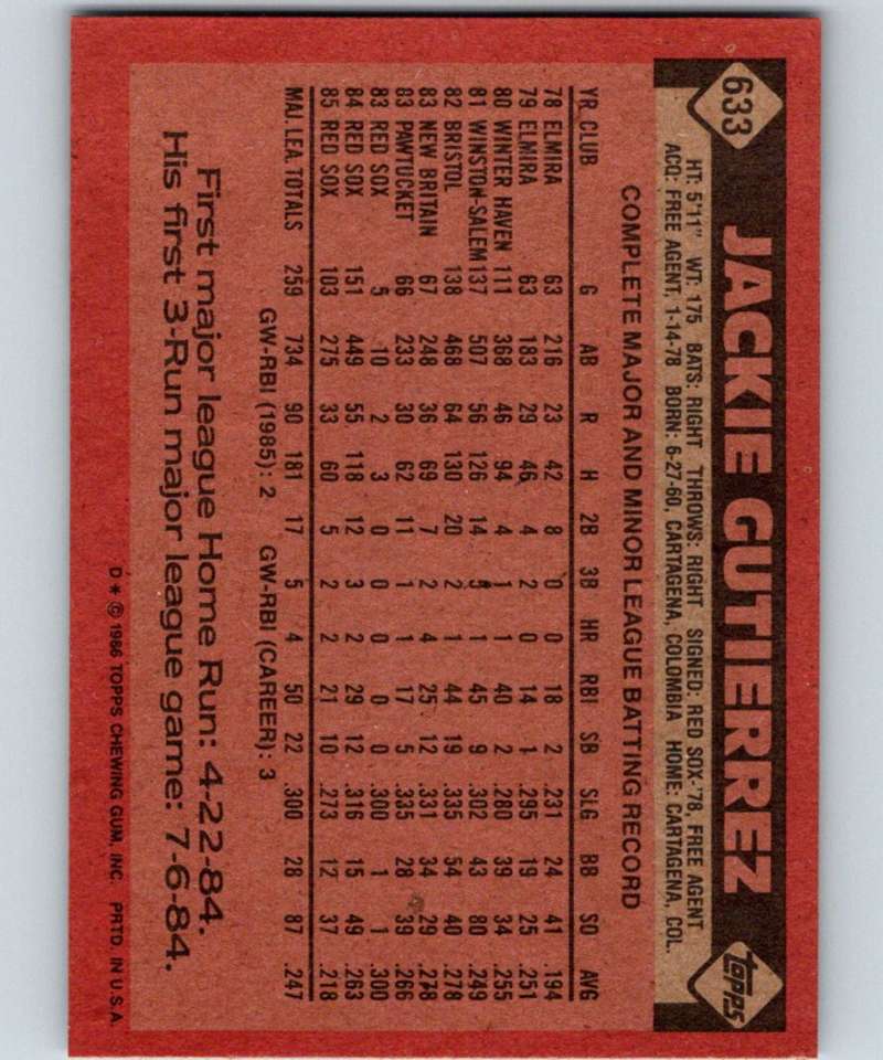 1986 Topps #633 Jackie Gutierrez Red Sox MLB Baseball Image 2