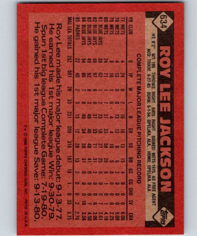 1986 Topps #634 Roy Lee Jackson Padres MLB Baseball Image 2