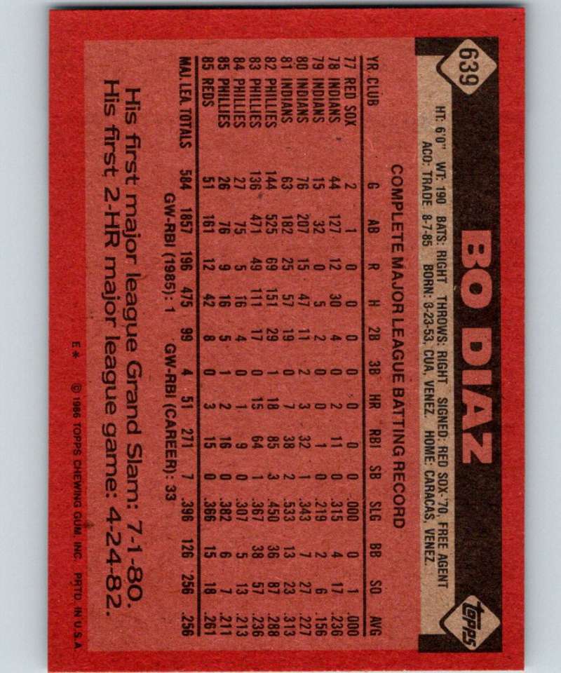 1986 Topps #639 Bo Diaz Reds MLB Baseball Image 2
