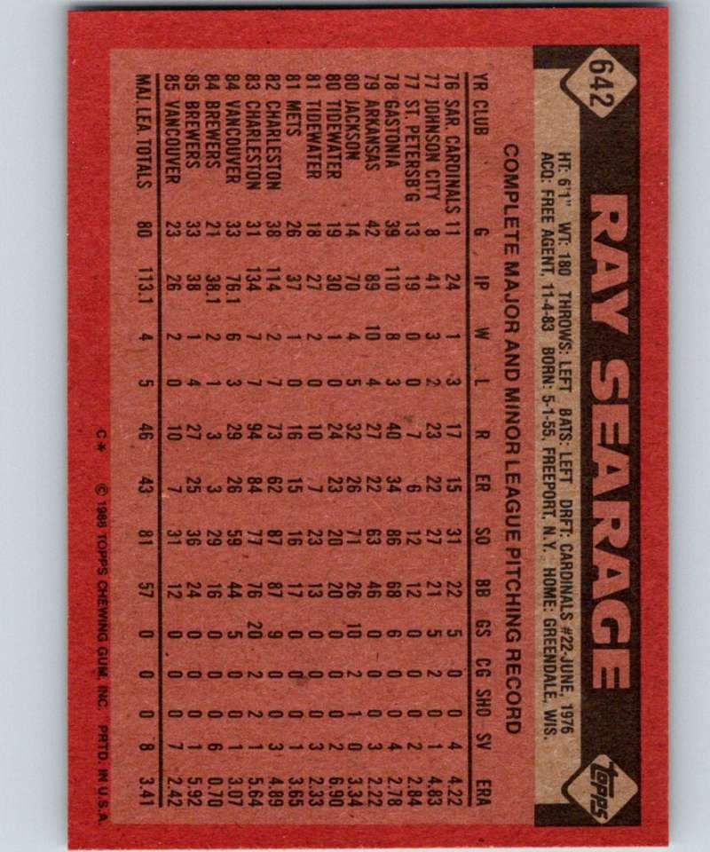 1986 Topps #642 Ray Searage Brewers MLB Baseball Image 2