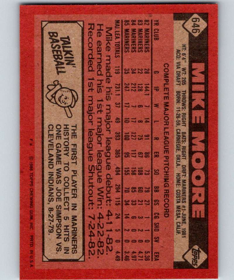 1986 Topps #646 Mike Moore Mariners MLB Baseball Image 2