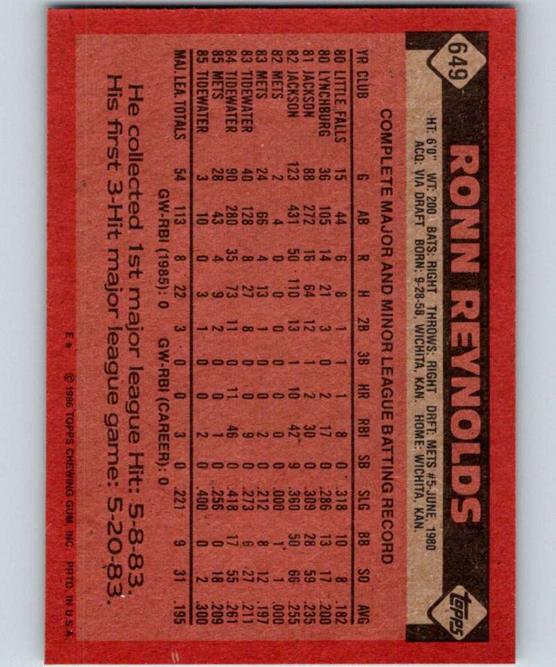 1986 Topps #649 Ronn Reynolds Mets MLB Baseball Image 2