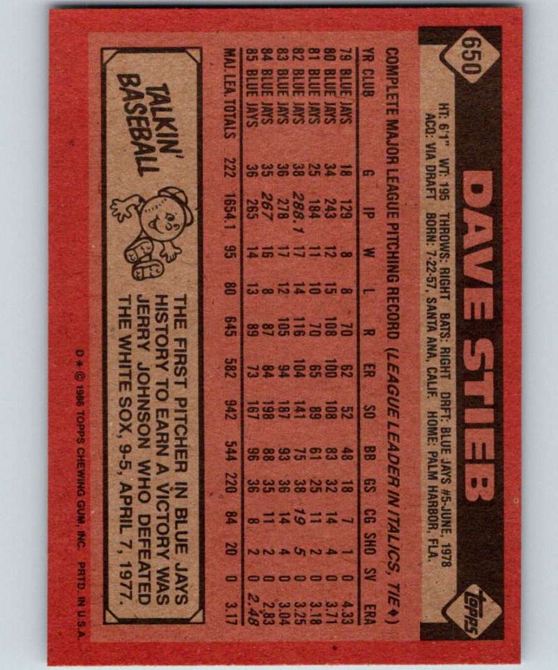 1986 Topps #650 Dave Stieb Blue Jays MLB Baseball