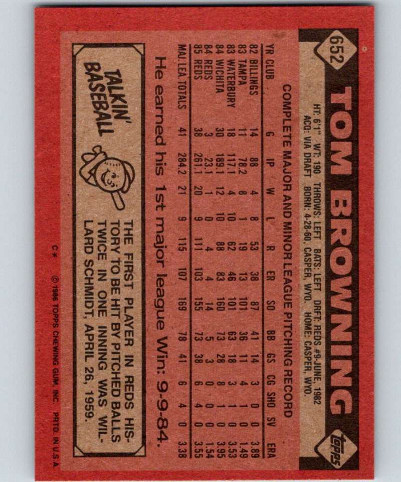 1986 Topps #652 Tom Browning Reds MLB Baseball Image 2
