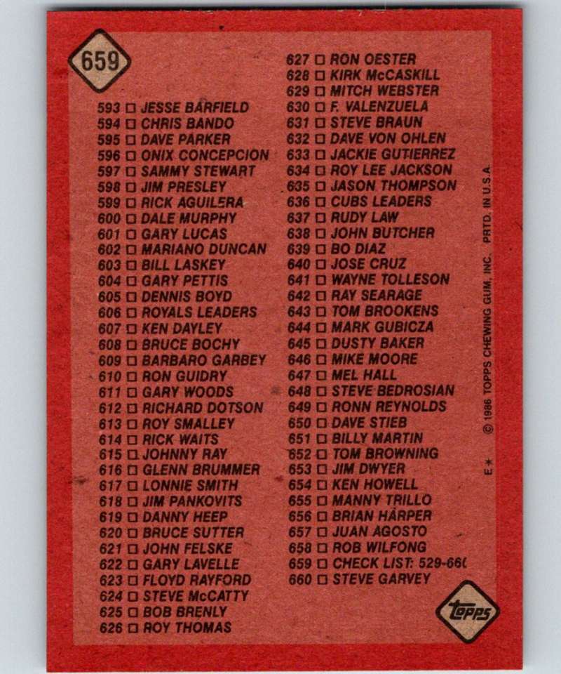 1986 Topps #659 Checklist 529-660 MLB Baseball Image 2