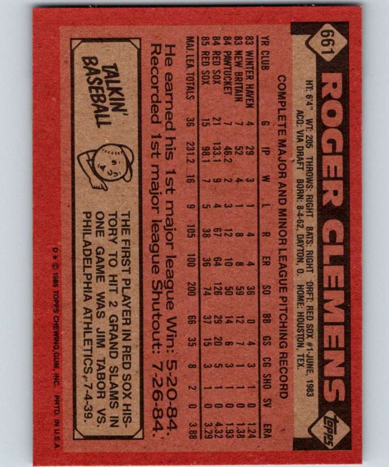 1986 Topps #661 Roger Clemens Red Sox MLB Baseball