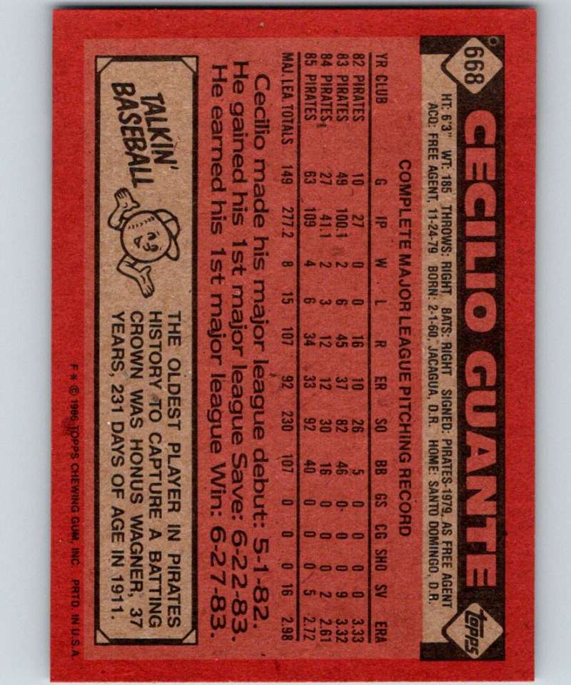 1986 Topps #668 Cecilio Guante Pirates MLB Baseball Image 2