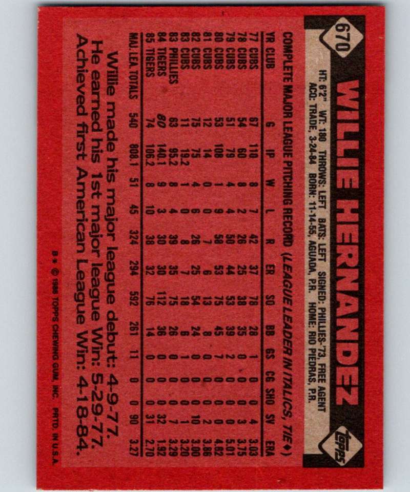 1986 Topps #670 Willie Hernandez Tigers MLB Baseball Image 2