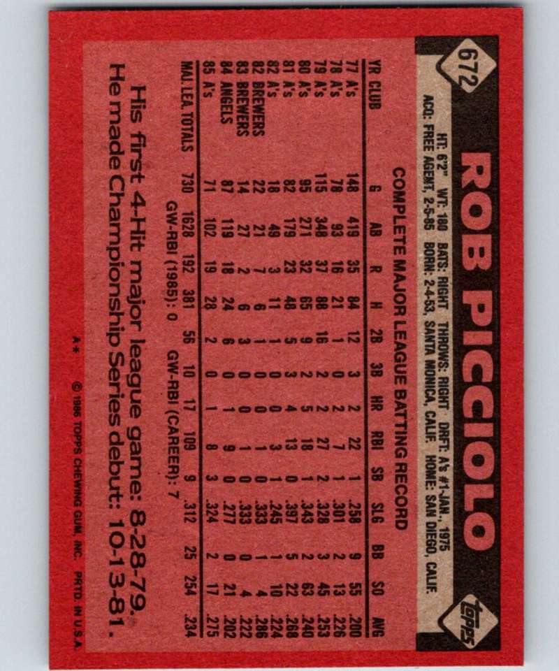 1986 Topps #672 Rob Picciolo Athletics MLB Baseball Image 2