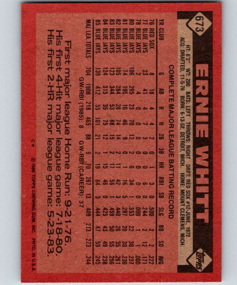 1986 Topps #673 Ernie Whitt Blue Jays MLB Baseball Image 2
