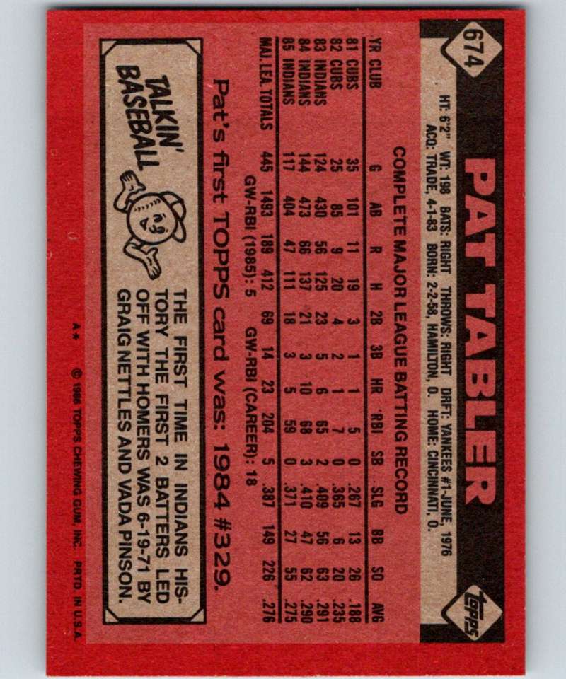 1986 Topps #674 Pat Tabler Indians MLB Baseball Image 2