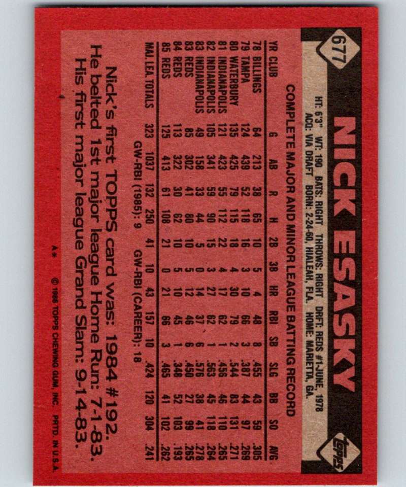 1986 Topps #677 Nick Esasky Reds MLB Baseball Image 2