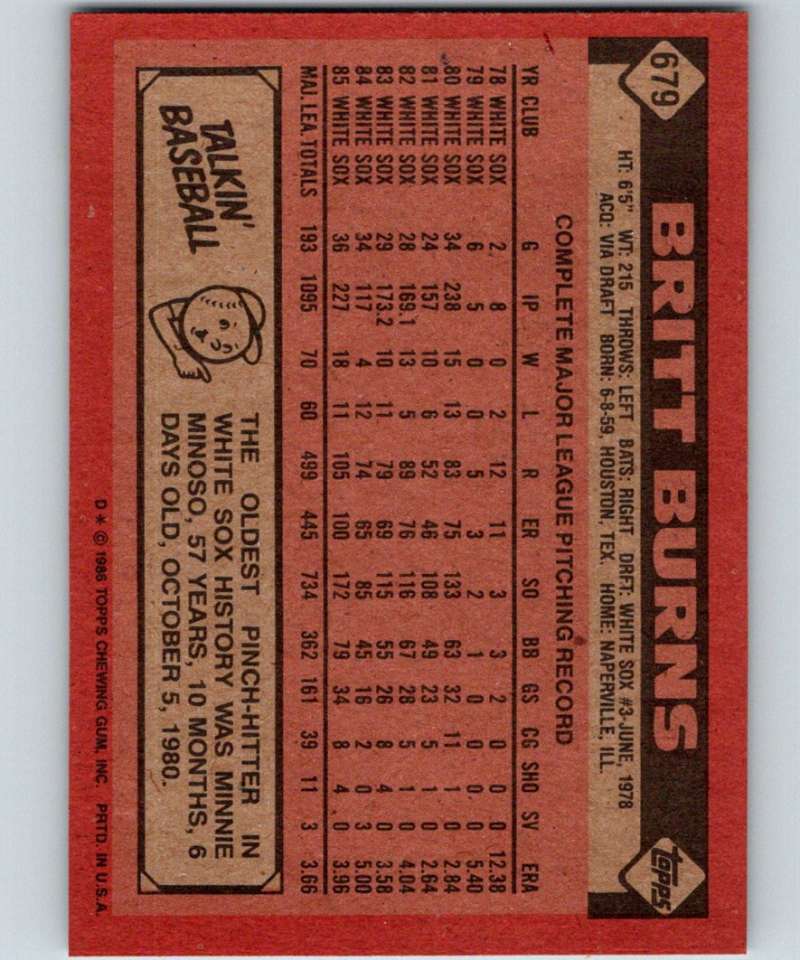 1986 Topps #679 Britt Burns White Sox MLB Baseball Image 2