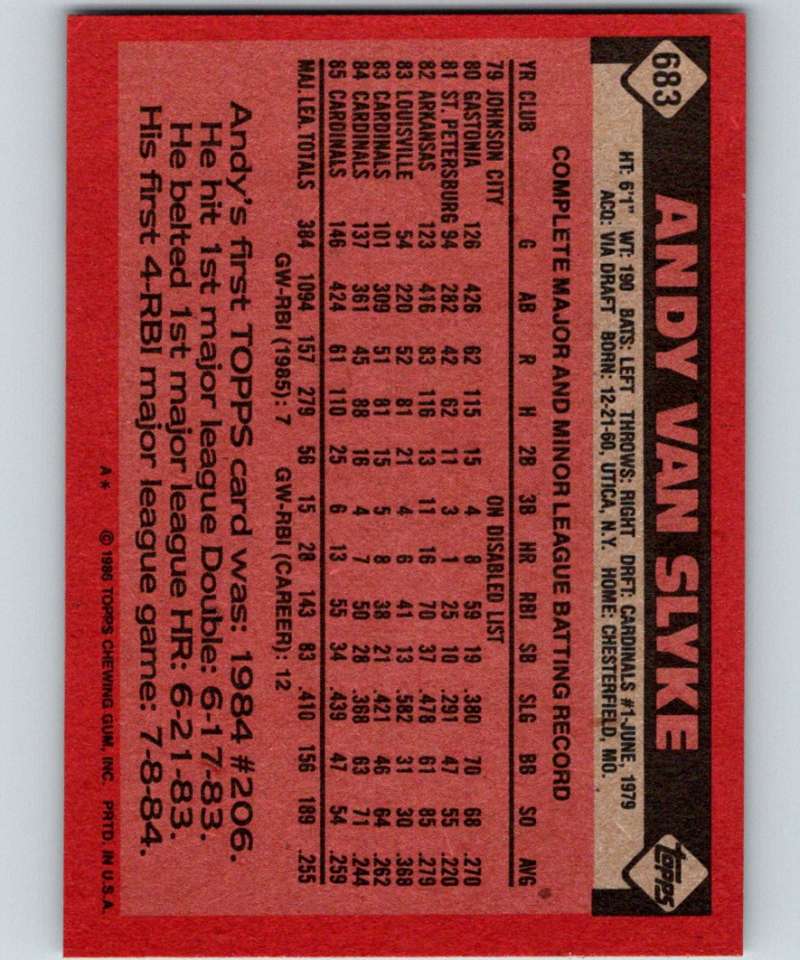 1986 Topps #683 Andy Van Slyke Cardinals MLB Baseball Image 2